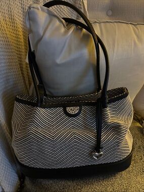 Brighton Black and Cream Chevron Shoulder Tote with Heart Charm